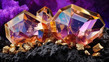 Iridescent crystals on dark rock with golden nuggets