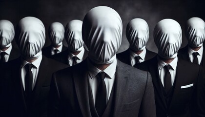 Group of Men in Suits with Faces Covered by White Cloth, No Identity person