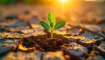 A small, vibrant plant emerges from cracked, dry earth, bathed in warm sunlight. The scene evokes hope and resilience amidst challenging conditions
