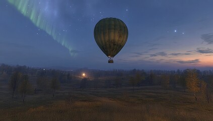 Hot air balloon floats over landscape under aurora borealis