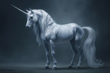 Mythology Unicorn. White Stallion with Magical Horn in Fantasy Landscape