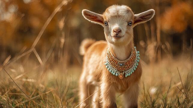 Cute young goat wearing a decorative necklace, standing in a sunlit grassy field, natural outdoor setting, high detail, bright and warm colors