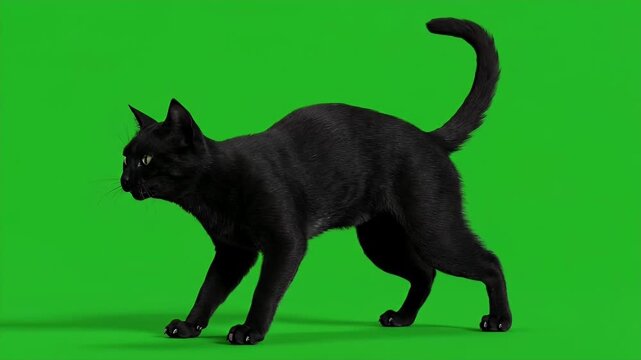 Animated black cat on green screen arching back with open mouth, ready to pounce creating playful animated scene with arching posture and menacing