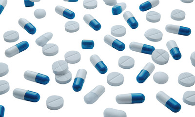 Assorted Blue and White Capsules and Tablets Scattered on White Surface