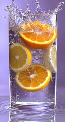 Citrus slices fall into a tall glass, water splashing up