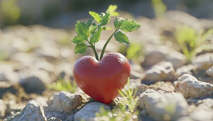Heart sprouts leaves, grows in rocky earth, hopeful