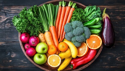 Tray of colorful assorted raw vegetables and fruits