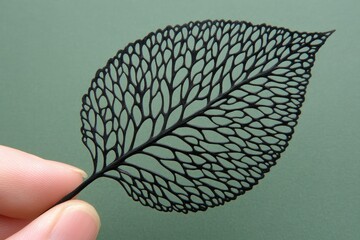 Intricate black filigree leaf held by fingers, green backdrop