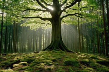 Majestic tree basks in sunlight, mossy forest floor below