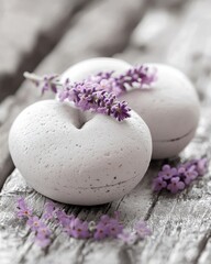Spa stones & lavender flowers on rustic wood