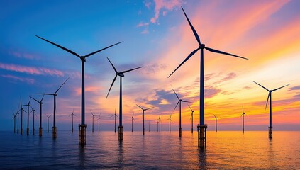 Offshore wind farm with vibrant sunset sky