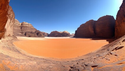 Red sand desert valley, cliffs, bright sunny day, blue sky