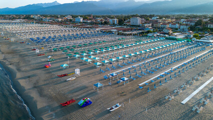Beach on the Tyrrhenian Sea, Viareggio, Italy. Aerial landscape.