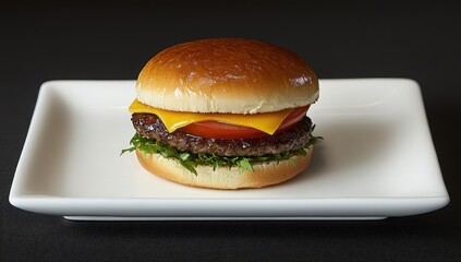 Juicy burger with cheese, tomato, and lettuce on white plate
