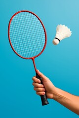 Badminton Racket and Shuttlecock Ready for a Game on Blue Background