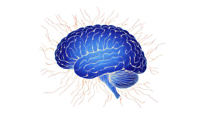 Glowing Blue Brain with Neural Connections on Orange Background