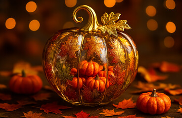 A glass pumpkin filled with tiny gourds and autumn leaves glows warmly amid a cozy fall-themed setting.