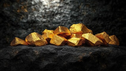 Shiny gold nuggets pile on rough dark rock formation