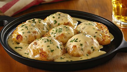 Dumplings in creamy sauce, plated on cast iron skillet