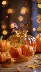 A glass pumpkin filled with tiny gourds and autumn leaves glows warmly amid a cozy fall-themed setting.