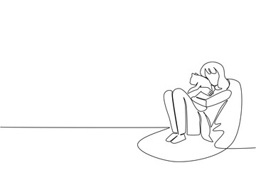 Single one line drawing a woman in casual clothes sits on a sofa on the floor hugging a cat. Playing in the family lounge. International Hug Your Cat Day. Continuous line design graphic illustration