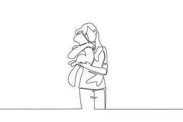 Single continuous line drawing a woman in casual clothes hugging a cat with both hands. Close friendship with obedient pets. Love. International Hug Your Cat Day. One line design vector illustration