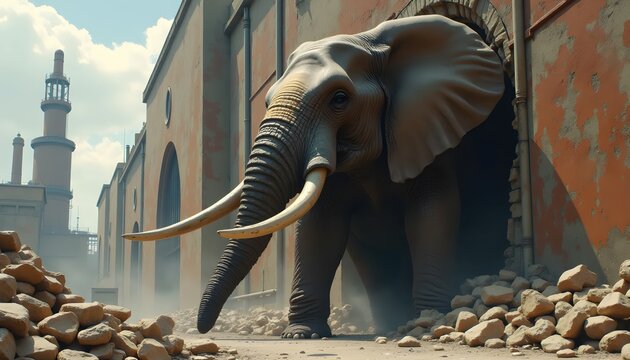 Apocalyptic Scene Of Elephant Crushing Old Industrial Concrete Wall