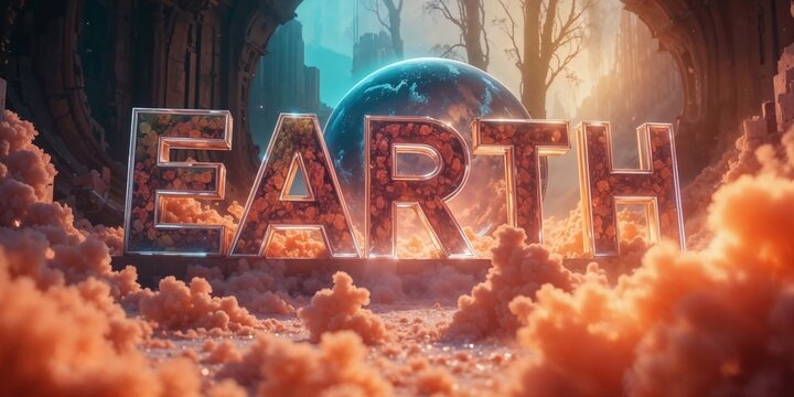 A stunning artistic representation of 'Earth' featuring vibrant colors, glowing letters, and a celestial globe surrounded by a surreal landscape. - Powered by Adobe