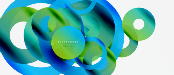 Abstract fluid shapes, vibrant blue, green hues. Overlapping circles create dynamic visual texture. Modern design element.