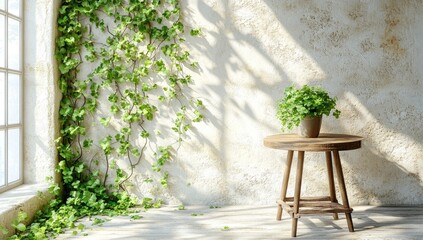Ivy climbing wall, sunlight, pot plant on wooden table