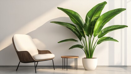 Minimalist room chair, plant, table, sunlight on wall