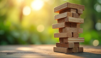 Wooden blocks stacked like precarious tower on rustic wood table. Blurred green nature background with bright golden sunlight. Represents complex business strategy, financial risk, foundation,