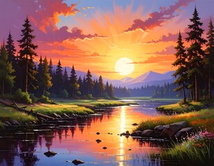 Stunning Sunset Landscape Painting: River, Trees, and Mountains at Dusk