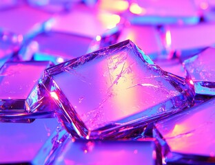 Glass cubes reflecting bright pink & blue light