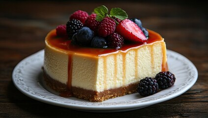 Decadent cheesecake with caramel and fresh berries