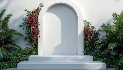 White archway with climbing flowers against textured wall