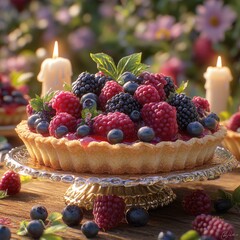 Berry tart on ornate stand, candles, nature backdrop