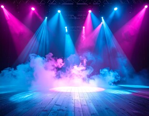 Stage illuminated by pink and blue spotlights with smoke effect