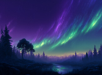 Aurora borealis glowing over a forest with a river under a starry night sky