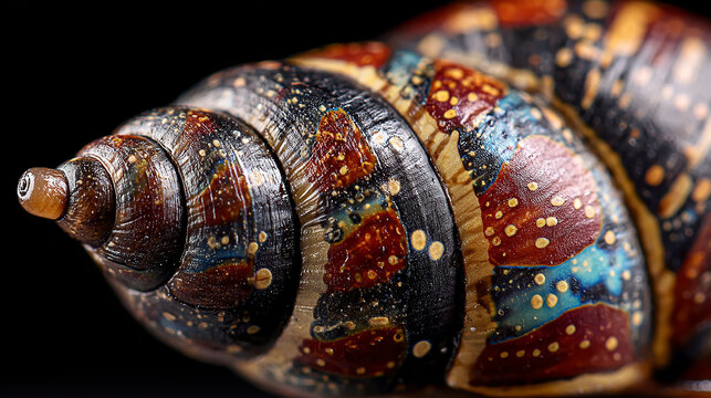 Detailed close-up of a small, intricate seashell showcasing unique texture and vibrant color patterns, isolated on a clean white background