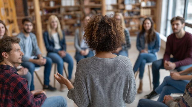 a diverse group of people sitting in a circle, having a discussion with a white woman leader at a business workshop or conference meeting.