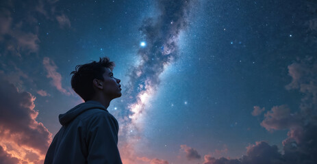 Naklejka premium A man looks up at milky way galaxy night sky filled with stars. Male silhouette admires universe above with inspiration. Person observes dark outer space. Concept for adventure travel discovery.