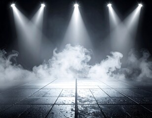 Stage lit by spotlights with fog