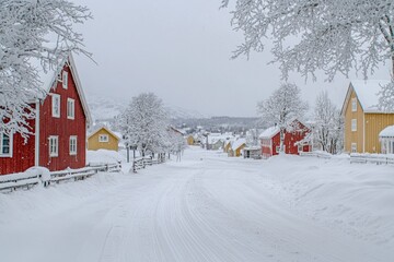 Wintery village street scene after a fresh snowfall