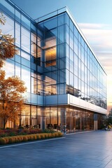 Modern glass and metal building exterior with colorful trees