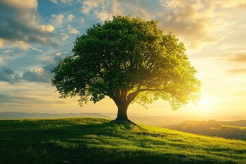 Obraz premium Majestic tree bathed in golden sunlight on a green hill
