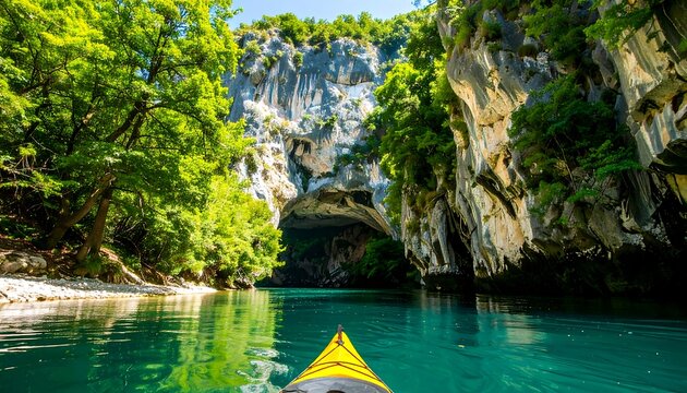 A Kayak Journey Through a Scenic River Cave and Lush Trees