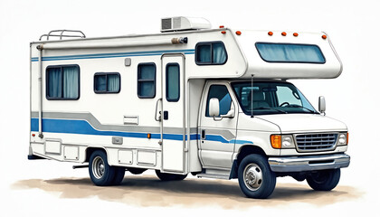 Naklejka premium White and blue class C RV motorhome on isolated white background. Motorhome has blue stripe and multiple windows. RV vehicle for travel, vacation, and camping.