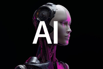 Futuristic close-up portrait of a humanoid robot with a human-like face and mechanical details, illuminated with glowing AI text, symbolizing artificial intelligence, technology, and cyber future