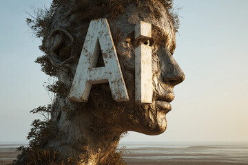 Futuristic close-up portrait of a humanoid robot with a human-like face and mechanical details, illuminated with glowing AI text, symbolizing artificial intelligence, technology, and cyber future